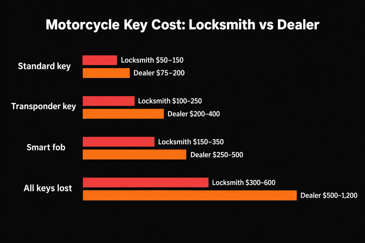 Bar chart of typical motorcycle key replacement prices, locksmith vs dealer: standard key $50–150 vs $75–200, transponder key $100–250 vs $200–400, smart fob $150–350 vs $250–500, all keys lost with a new lock set $300–600 vs $500–1,200